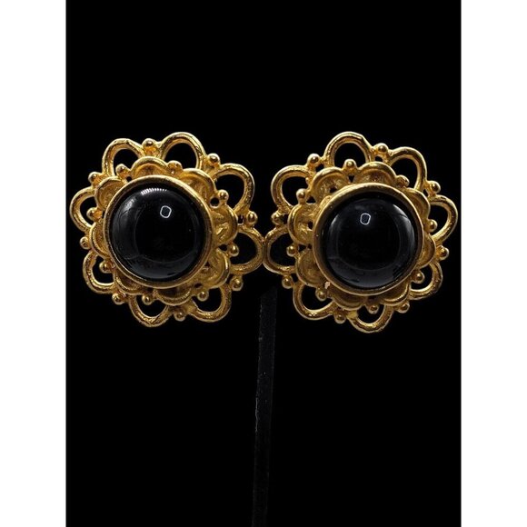 Runway Style Clip-On Earrings Gold Black Stone Center - Picture 3 of 14